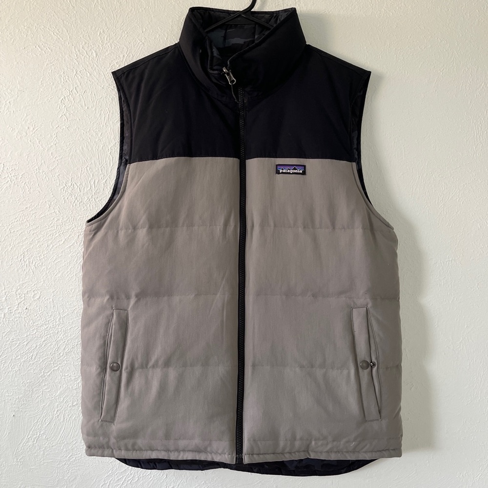 Patagonia Bivy Mens Large Puffer Down Vest - Gray Navy Camo